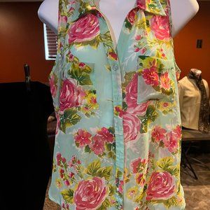 SHEER SLEEVELESS FLORAL BLOUSE